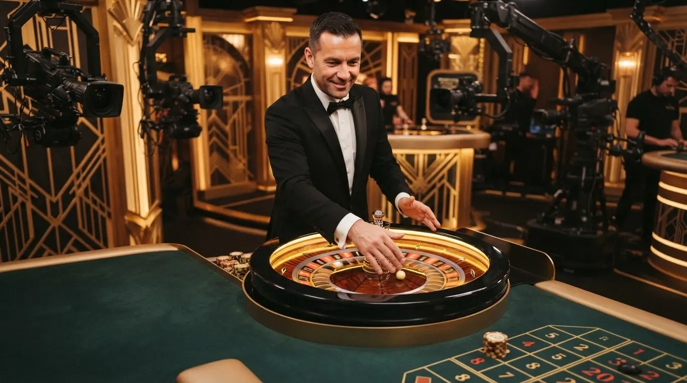 Un croupier in smoking dietro un tavolo da roulette in uno studio in stile Art Deco con illuminazione teatrale e telecamere multiple