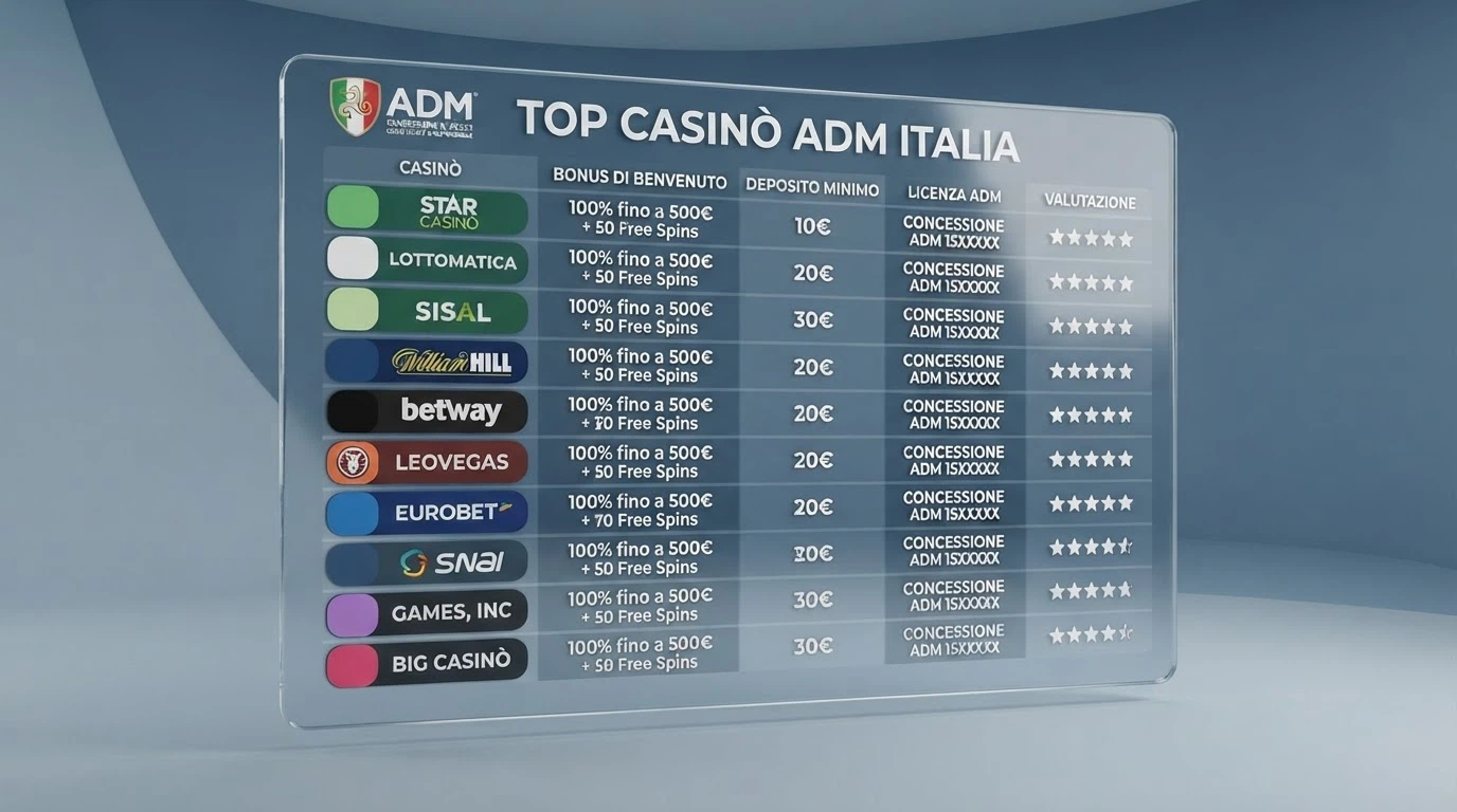 Una tabella comparativa stilizzata con loghi di casinò affiancati da voci di confronto come bonus e deposito minimo