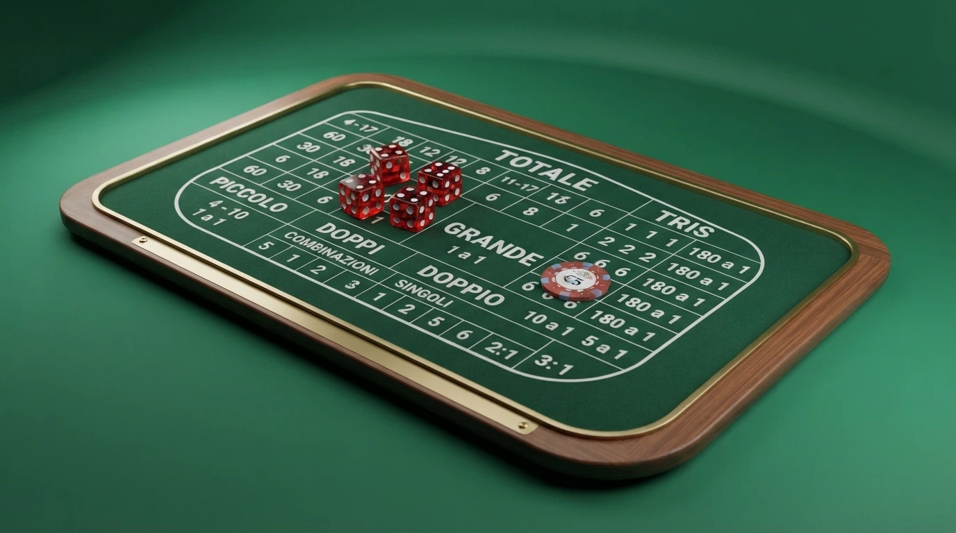 La tabella completa delle puntate del Sic Bo in italiano con tutte le aree di puntata evidenziate — Big/Small, totali, tris, coppie e combinazioni — con i relativi payout accanto a ciascuna sezione