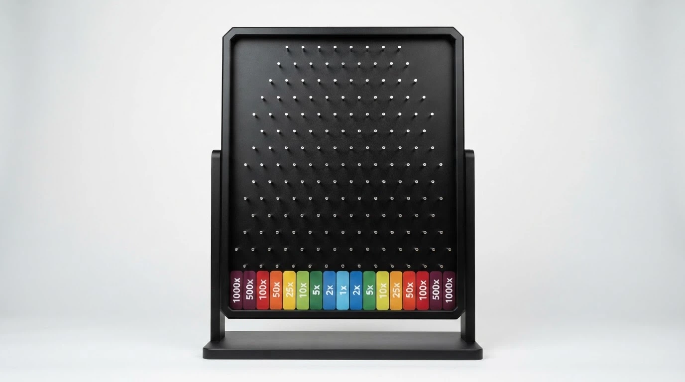 Schema frontale di un tabellone Plinko digitale con pioli disposti a zig-zag e le zone moltiplicatore evidenziate in basso