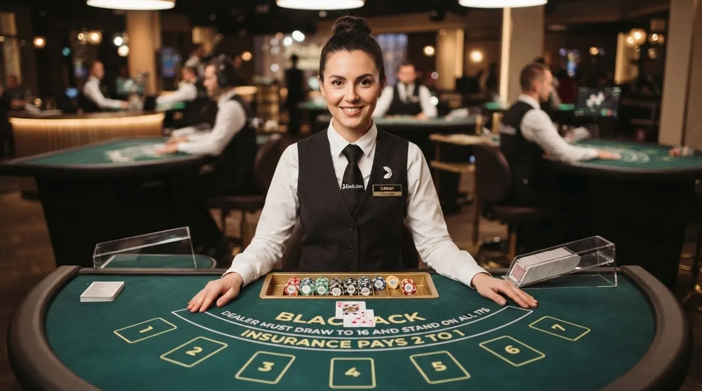 Un tavolo da blackjack live con un croupier che guarda verso l'obiettivo, sullo sfondo altri tavoli illuminate in uno studio Evolution Gaming