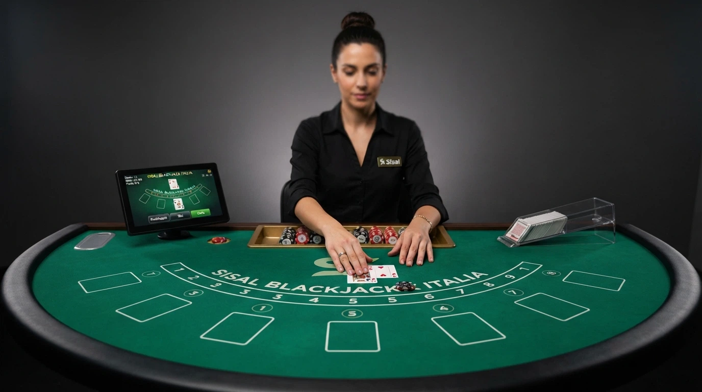 Primo piano di un tavolo da blackjack con il marchio Sisal visibile, dealer in divisa, carte disposte sul tavolo verde e schermo dell'interfaccia di gioco in italiano