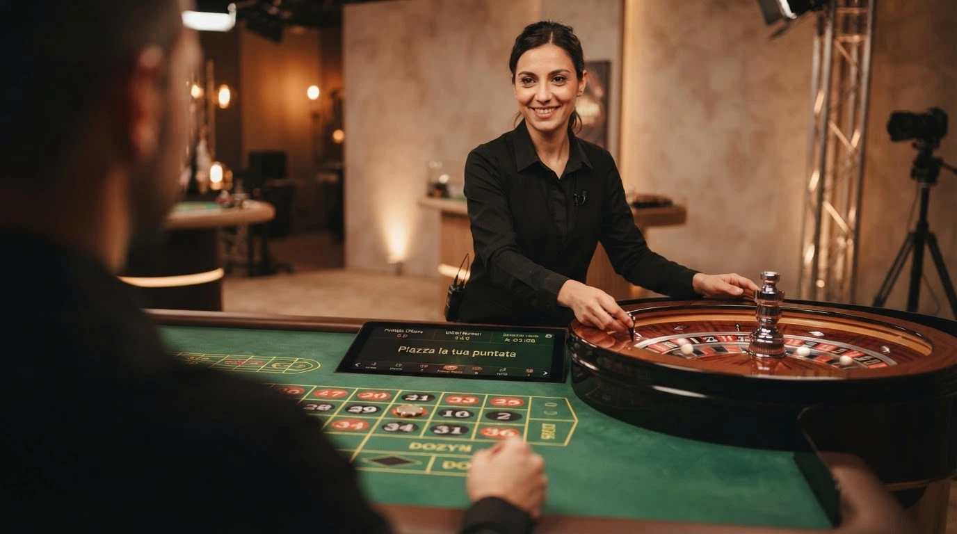 Un tavolo di roulette dal vivo con dealer in streaming, interfaccia di puntata in italiano e il logo Evolution in sovrimpressione