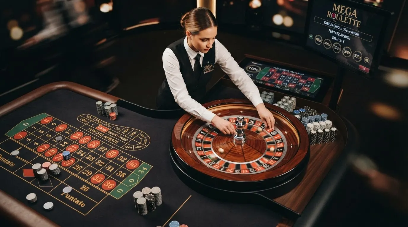 Un tavolo di Mega Roulette Pragmatic Play con ruota in movimento, croupier in uniforme e interfaccia di gioco con moltiplicatori visibili sullo schermo