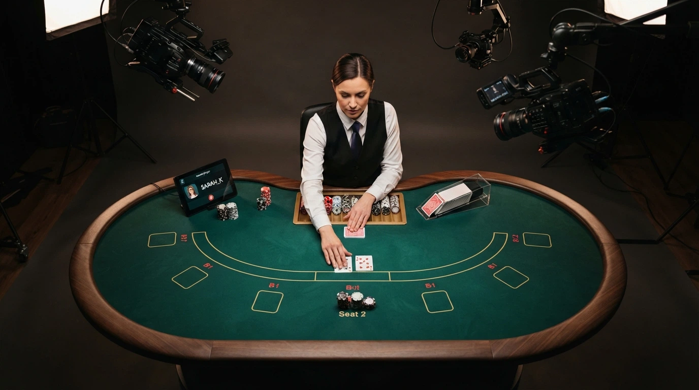 Un croupier in uniforme che distribuisce carte su un tavolo da poker ripreso da telecamere HD in uno studio professionale, con lo schermo del giocatore visibile in overlay