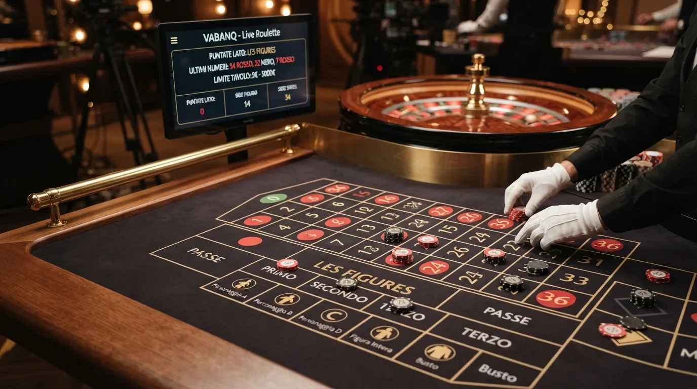 Dettaglio di un tavolo da roulette VABANQ con interfaccia digitale delle side bets Les Figures, puntate attive su pattern numerici