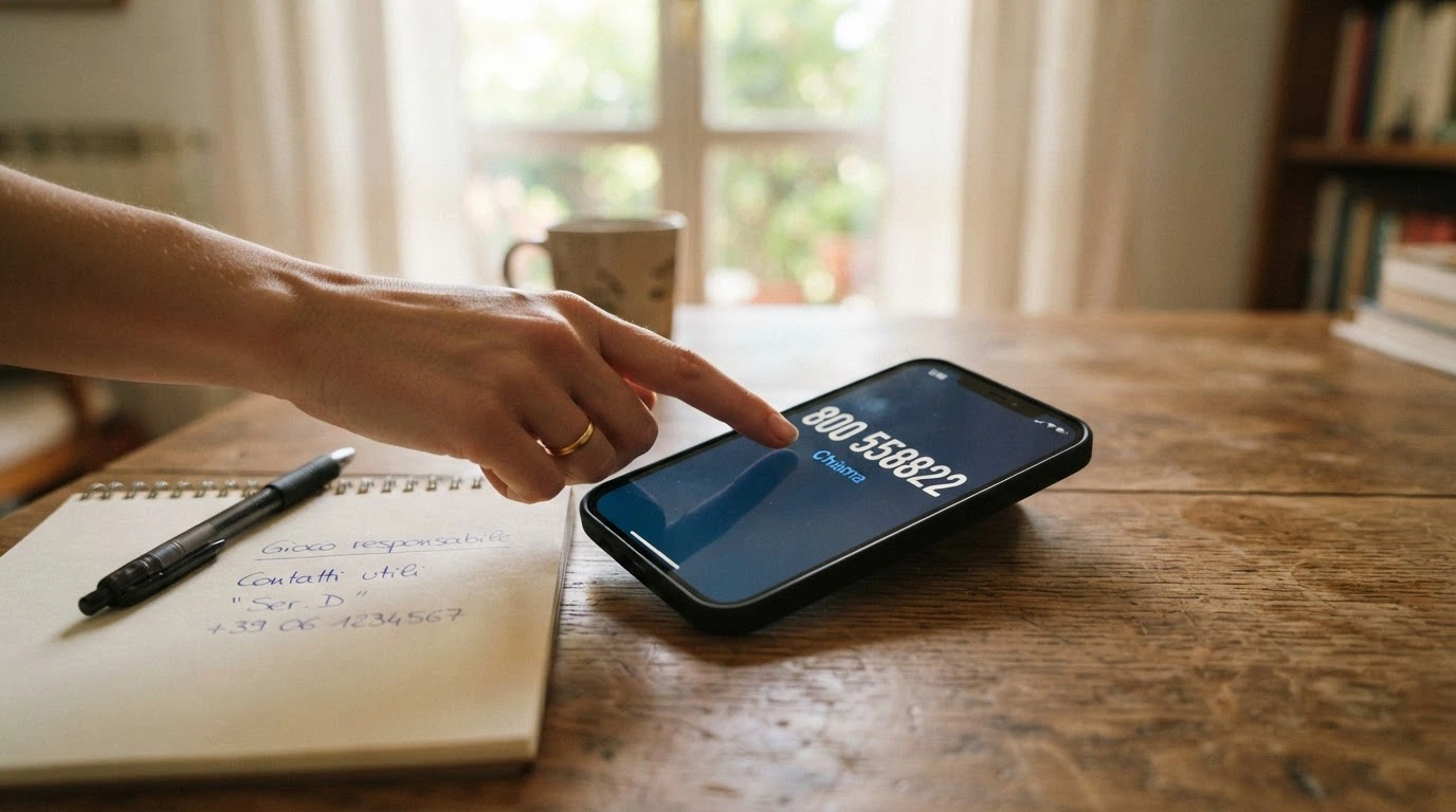 Una mano che compone un numero su un telefono fisso, con il numero 800 558822 visibile sul display e il logo del Ministero della Salute sullo sfondo