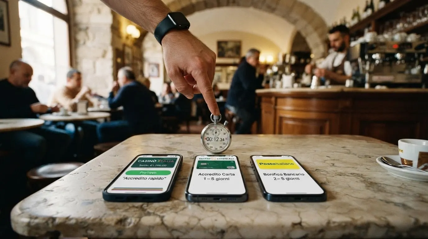 Un cronometro accanto alle icone di tre metodi di pagamento (e-wallet, carta di credito, bonifico), ciascuno con una barra di avanzamento di lunghezza diversa