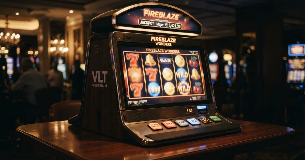 Una slot machine digitale con i rulli in movimento su sfondo scuro, simboli di gioco illuminati.