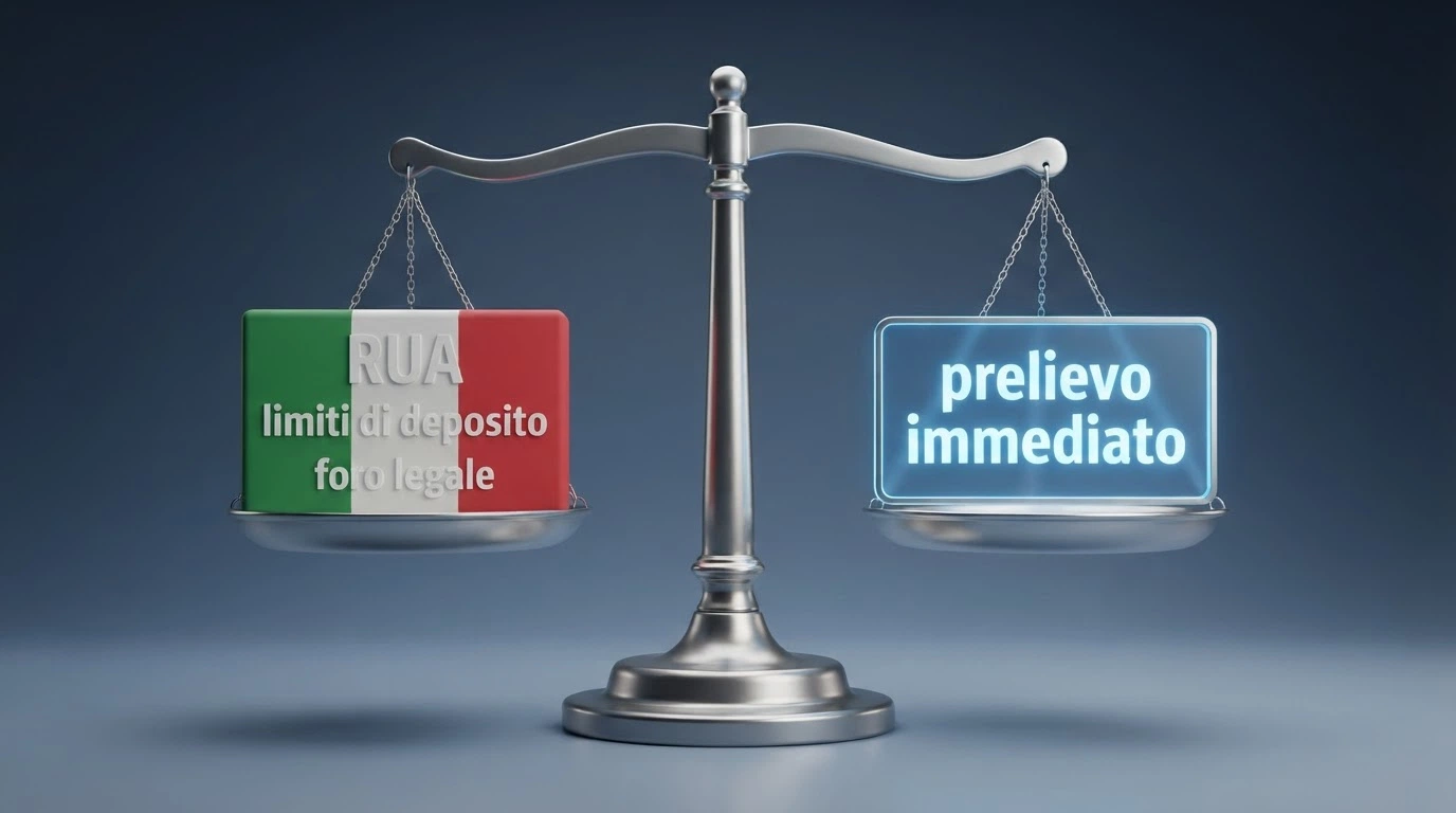Una bilancia che pesa su un piatto l'autorizzazione ADM con le voci RUA, limiti di deposito e foro legale, e sull'altro la scritta «prelievo immediato»