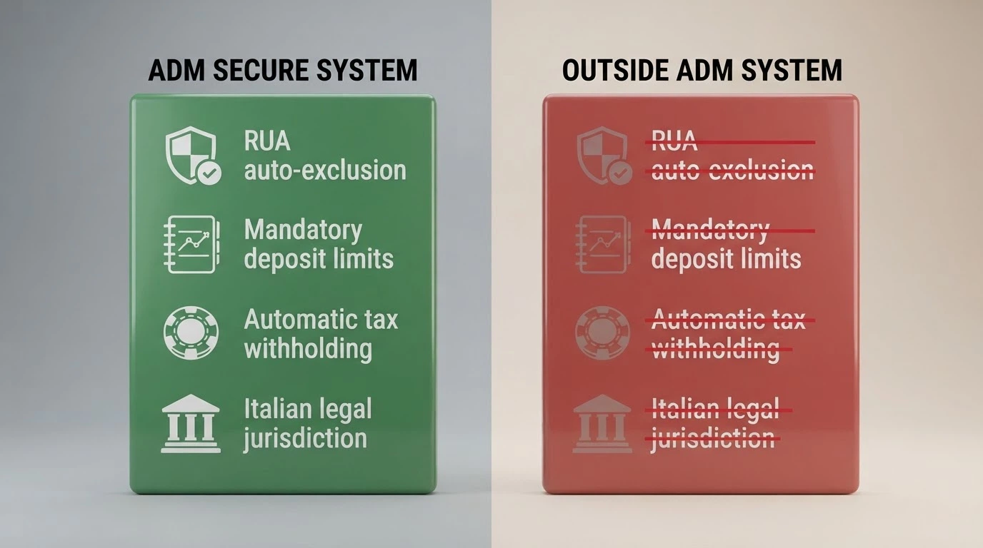 Schema a due colonne: a sinistra le tutele del concessionario ADM (RUA, limite di deposito, tassazione automatica, foro legale italiano) con icone verdi; a destra le stesse voci barrate in rosso per il sito senza licenza
