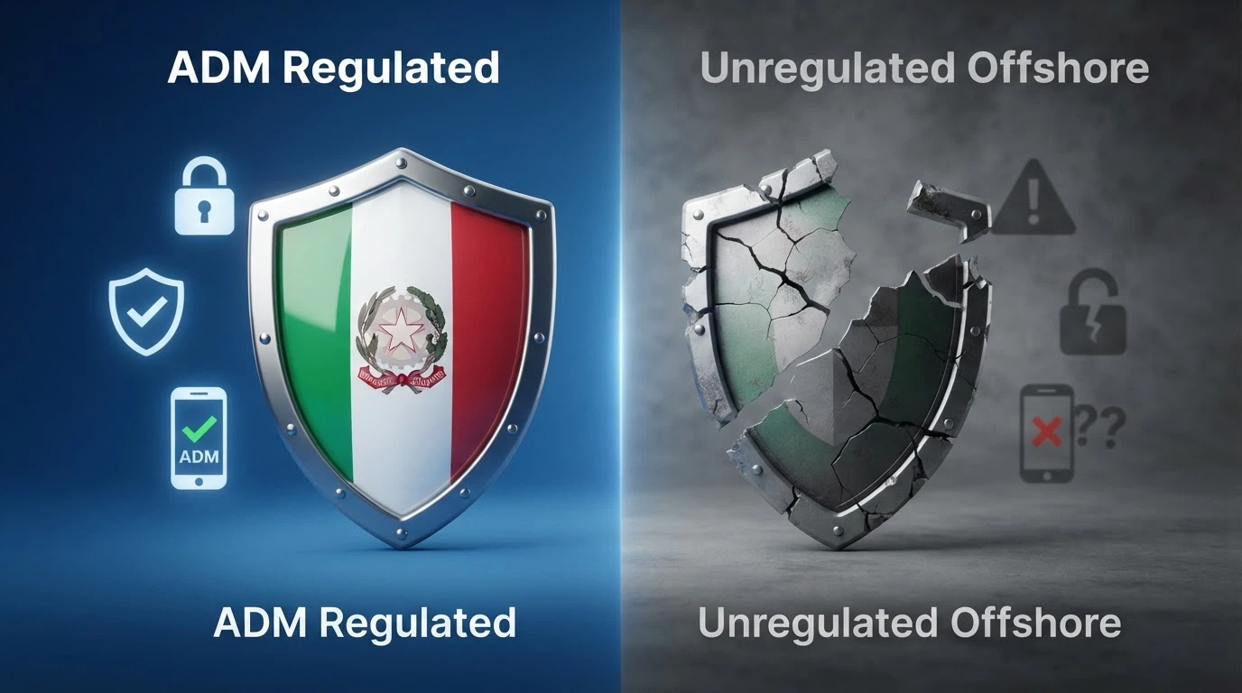 Un'illustrazione divisa in due metà: a sinistra uno scudo con la bandiera italiana e icone di protezione (lucchetto, scudo, telefono), a destra uno scudo vuoto e incrinato su sfondo grigio