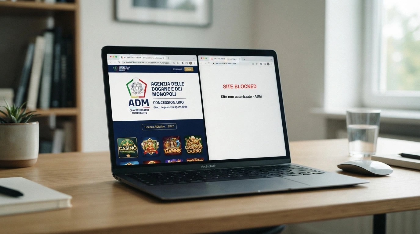 Il logo ufficiale dell'Agenzia delle Dogane e dei Monopoli accanto alla scritta «Concessionario autorizzato» su uno schermo — a contrasto, una finestra del browser con un avviso di blocco DNS.