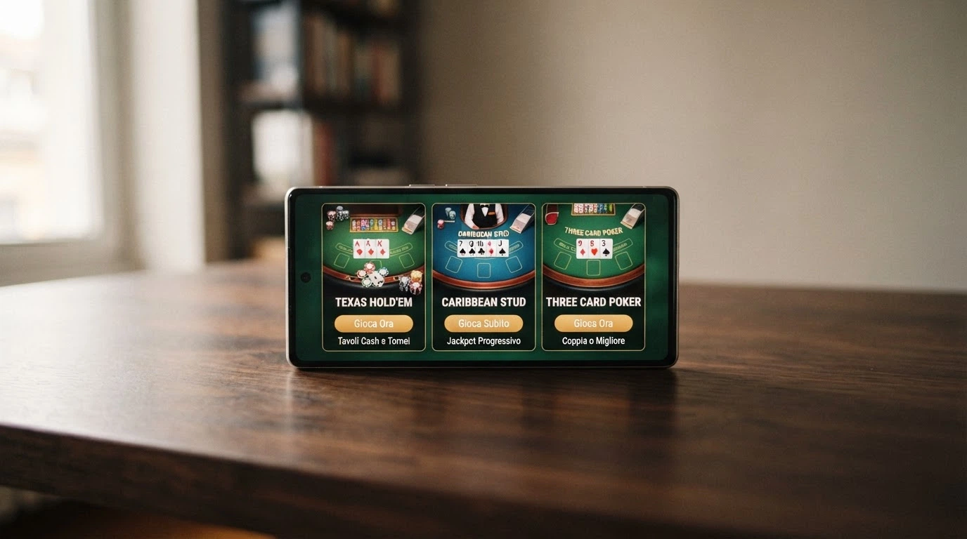 Tre schermate affiancate di diverse varianti di poker da casinò (Texas Hold'em, Caribbean Stud, Three Card Poker) con le relative interfacce di puntata