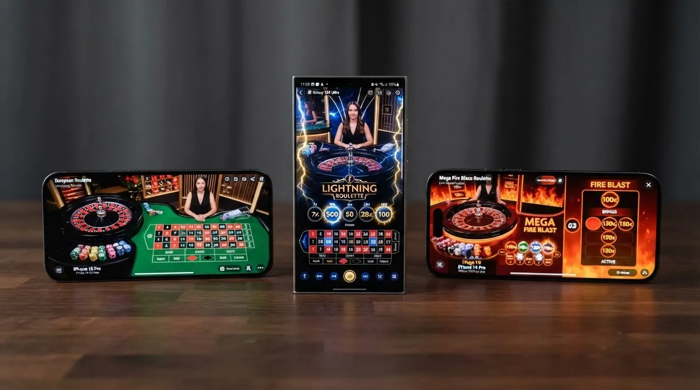 Tre schermate affiancate di interfacce di roulette live — una europea standard, una Lightning Roulette con i moltiplicatori colorati sui numeri, una Mega Fire Blaze Roulette con i jackpot progressivi in alto
