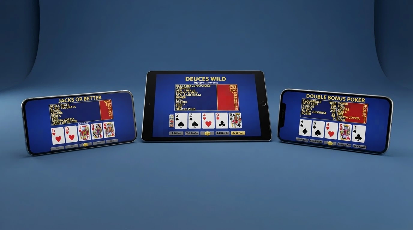 Tre schermate affiancate delle interfacce di Jacks or Better, Deuces Wild e Double Bonus con le rispettive tabelle dei payout in evidenza.
