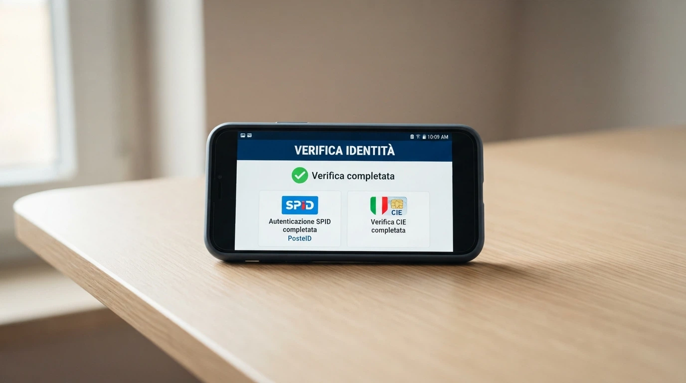Lo schermo di uno smartphone con le icone di SPID e CIE accanto al logo di un casinò online italiano e la scritta «Verifica completata»