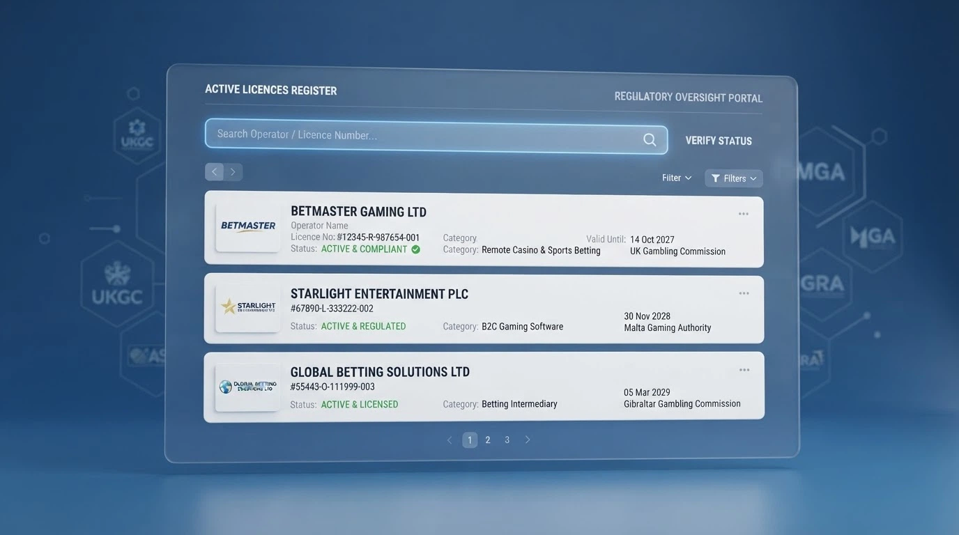 Pagina del registro licenze della Malta Gaming Authority con il campo di ricerca operatore e l'elenco delle licenze attive