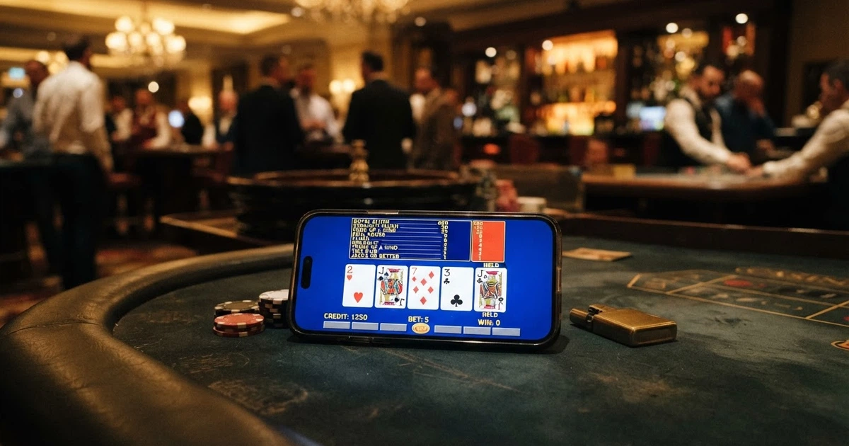 Una schermata di una partita di video poker Jacks or Better su un casinò online con licenza ADM, con la tabella dei payout in alto e cinque carte scoperte sul tavolo verde.