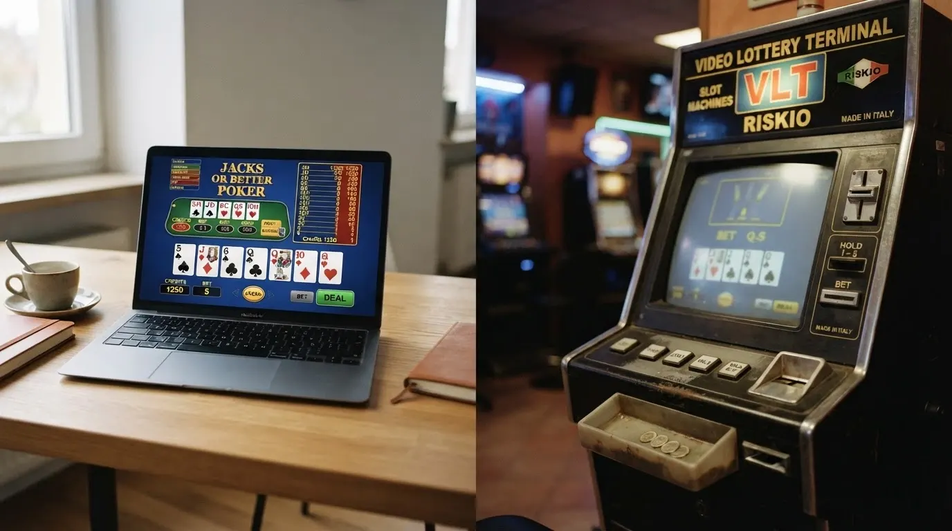Un confronto visivo tra l'interfaccia pulita di un video poker online su schermo e una macchinetta VLT in una sala giochi italiana con il suo cabinet fisico.
