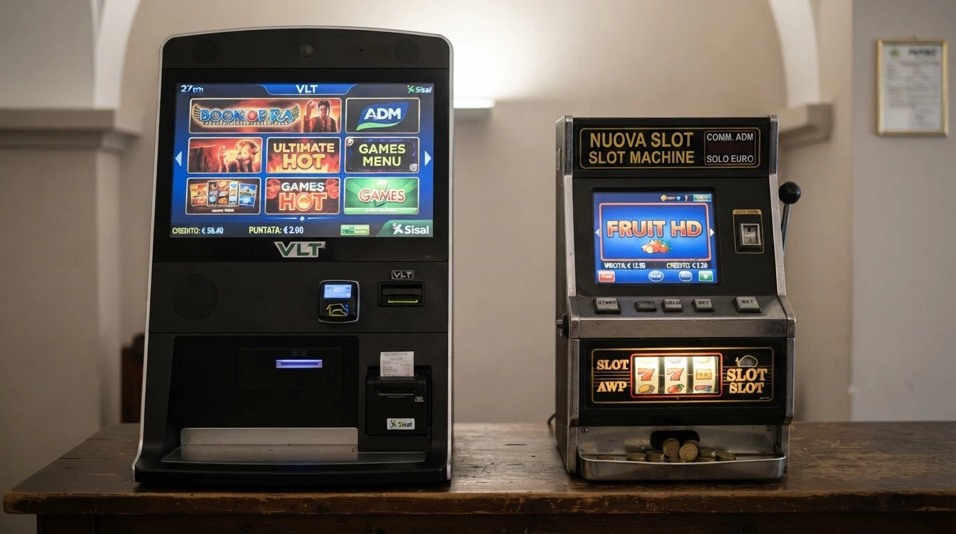 Due apparecchi affiancati: a sinistra un terminale VLT da sala con schermo ampio e interfaccia multi-gioco, a destra una New Slot da bar compatta con pannello a monete