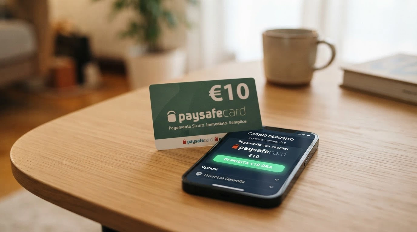 Un voucher Paysafecard da 10€ in primo piano, affiancato dalla dicitura «deposito minimo» e dai loghi degli operatori ADM che lo applicano
